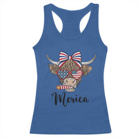Patriotic Highland Cow Racerback Tank Top Merica USA Flag Farmer Gift