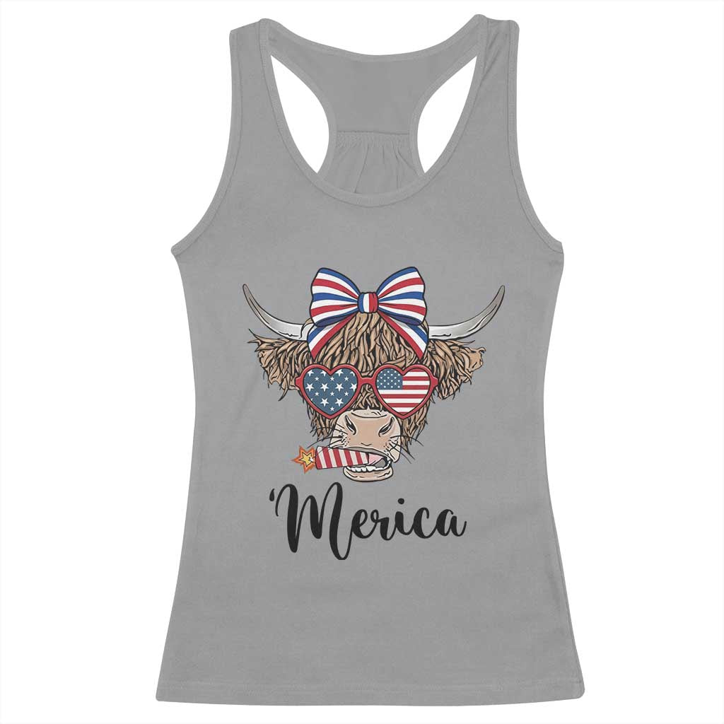 Patriotic Highland Cow Racerback Tank Top Merica USA Flag Farmer Gift