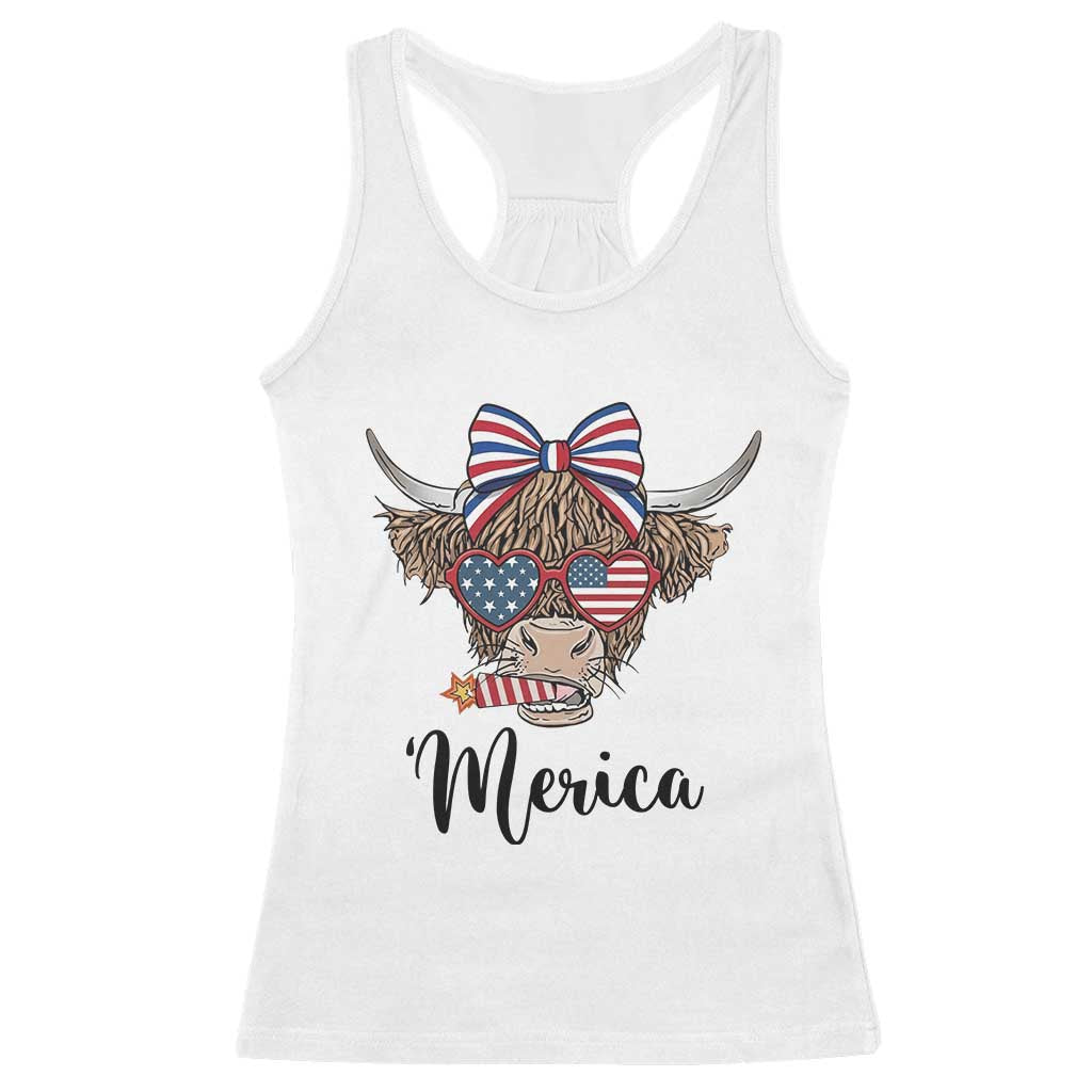 Patriotic Highland Cow Racerback Tank Top Merica USA Flag Farmer Gift