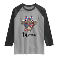Patriotic Highland Cow Raglan Shirt Merica USA Flag Farmer Gift