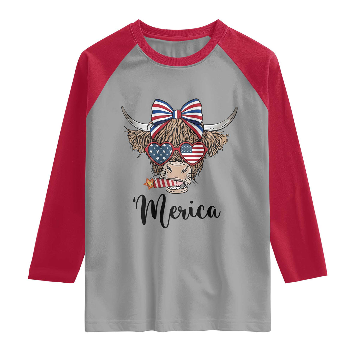 Patriotic Highland Cow Raglan Shirt Merica USA Flag Farmer Gift