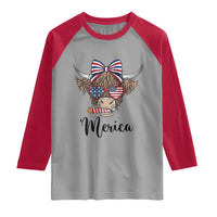 Patriotic Highland Cow Raglan Shirt Merica USA Flag Farmer Gift