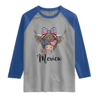 Patriotic Highland Cow Raglan Shirt Merica USA Flag Farmer Gift