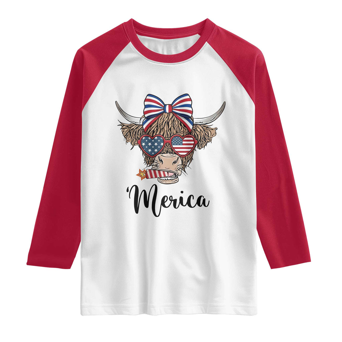 Patriotic Highland Cow Raglan Shirt Merica USA Flag Farmer Gift