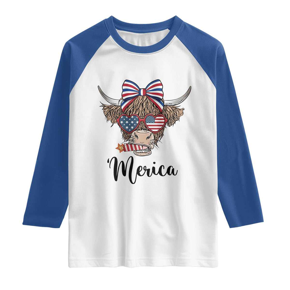 Patriotic Highland Cow Raglan Shirt Merica USA Flag Farmer Gift