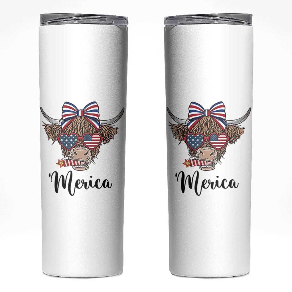 Patriotic Highland Cow Skinny Tumbler Merica USA Flag Farmer Gift