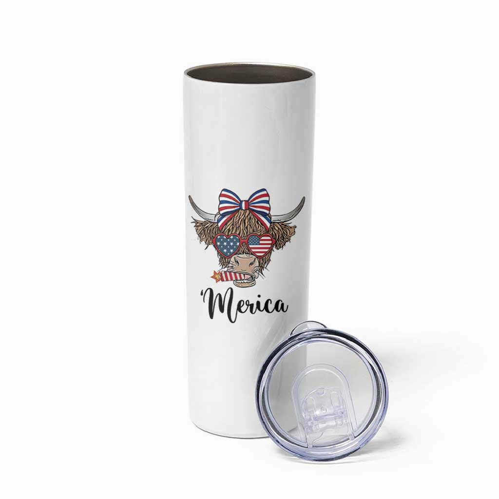 Patriotic Highland Cow Skinny Tumbler Merica USA Flag Farmer Gift