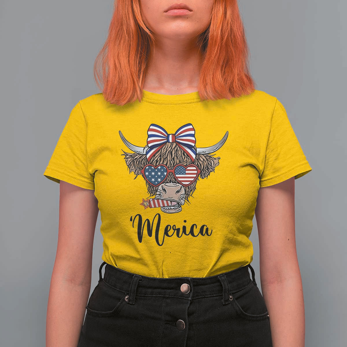 Patriotic Highland Cow T Shirt For Women Merica USA Flag Farmer Gift