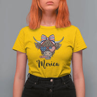 Patriotic Highland Cow T Shirt For Women Merica USA Flag Farmer Gift