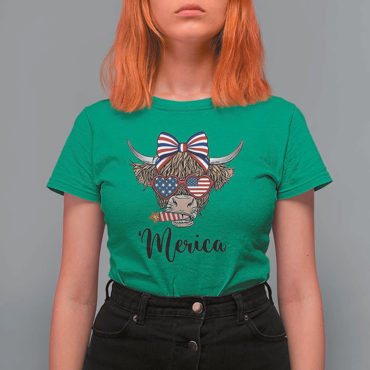 Patriotic Highland Cow T Shirt For Women Merica USA Flag Farmer Gift