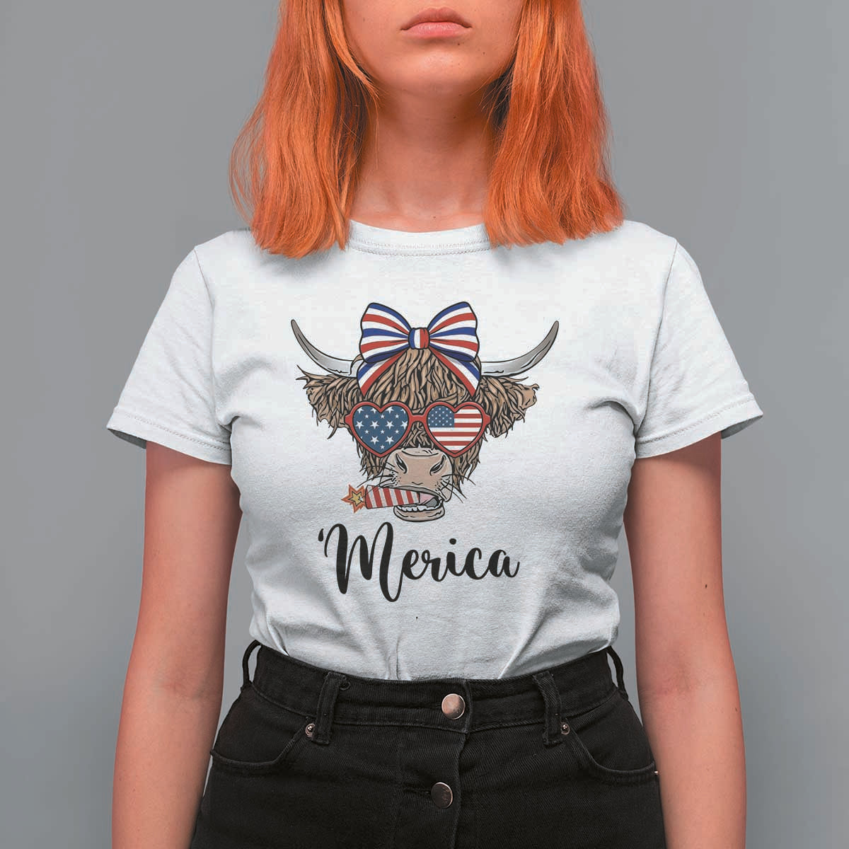 Patriotic Highland Cow T Shirt For Women Merica USA Flag Farmer Gift