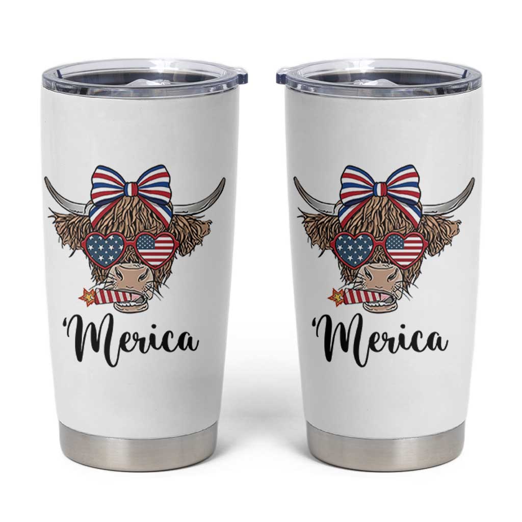 Patriotic Highland Cow Tumbler Cup Merica USA Flag Farmer Gift