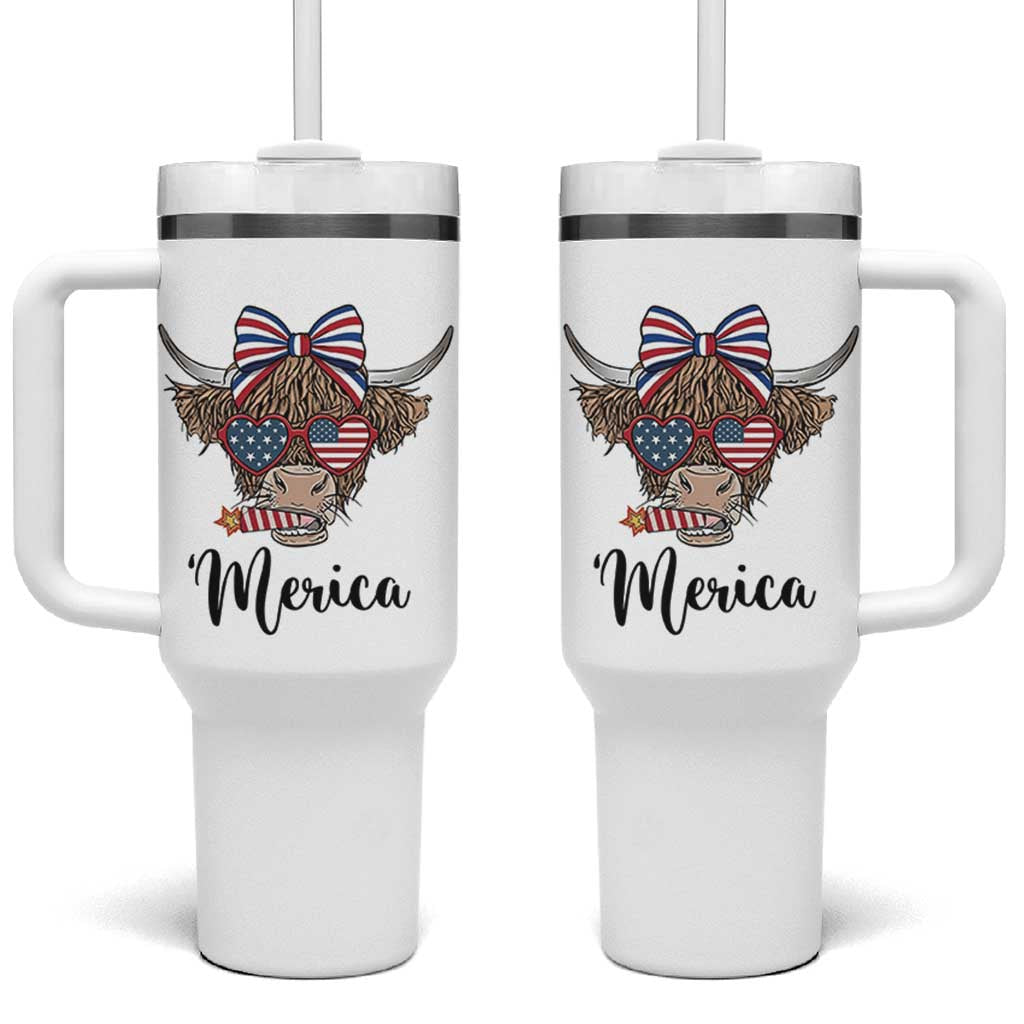 Patriotic Highland Cow Tumbler With Handle Merica USA Flag Farmer Gift