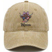 Patriotic Highland Cow Washed Cotton Baseball Cap Merica USA Flag Farmer Gift