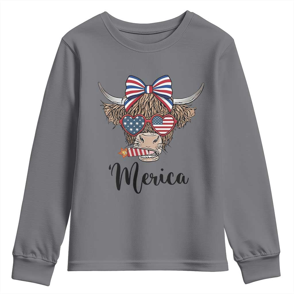 Patriotic Highland Cow Youth Sweatshirt Merica USA Flag Farmer Gift