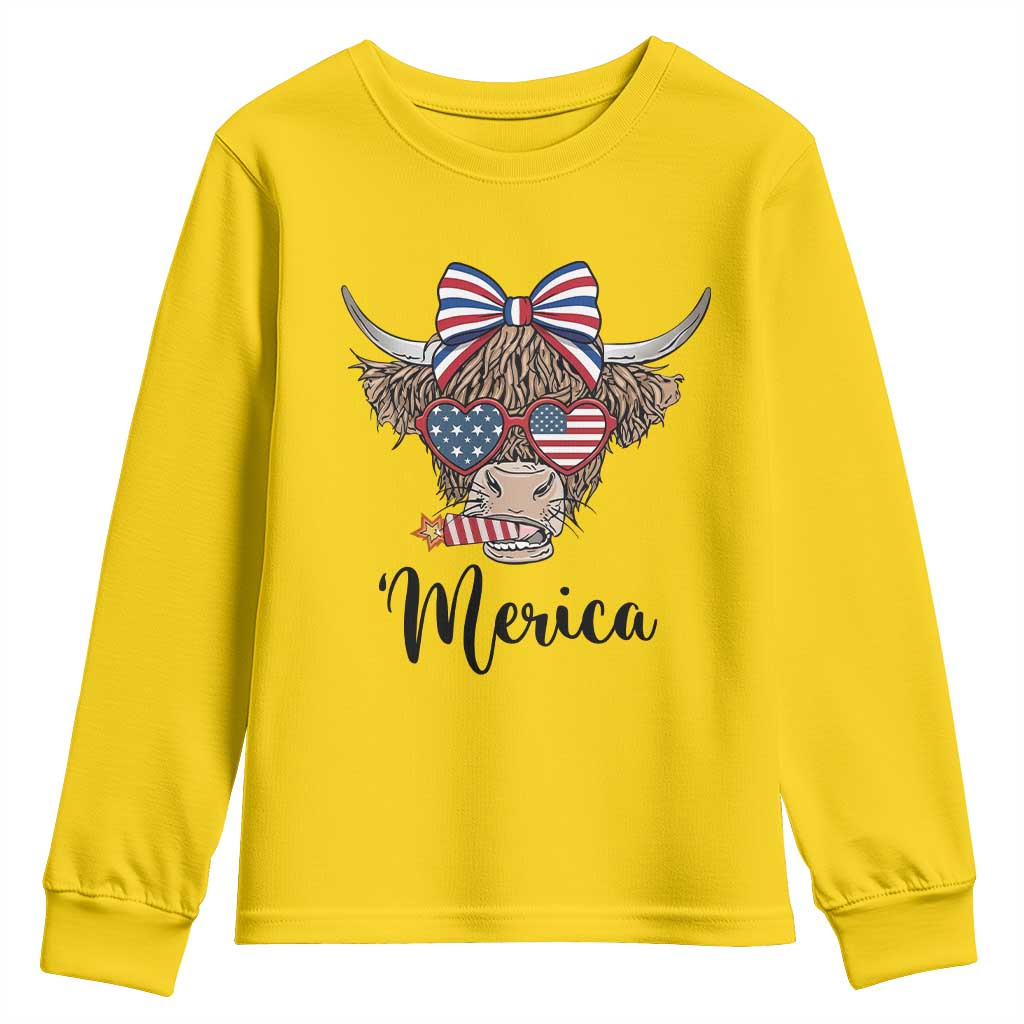Patriotic Highland Cow Youth Sweatshirt Merica USA Flag Farmer Gift