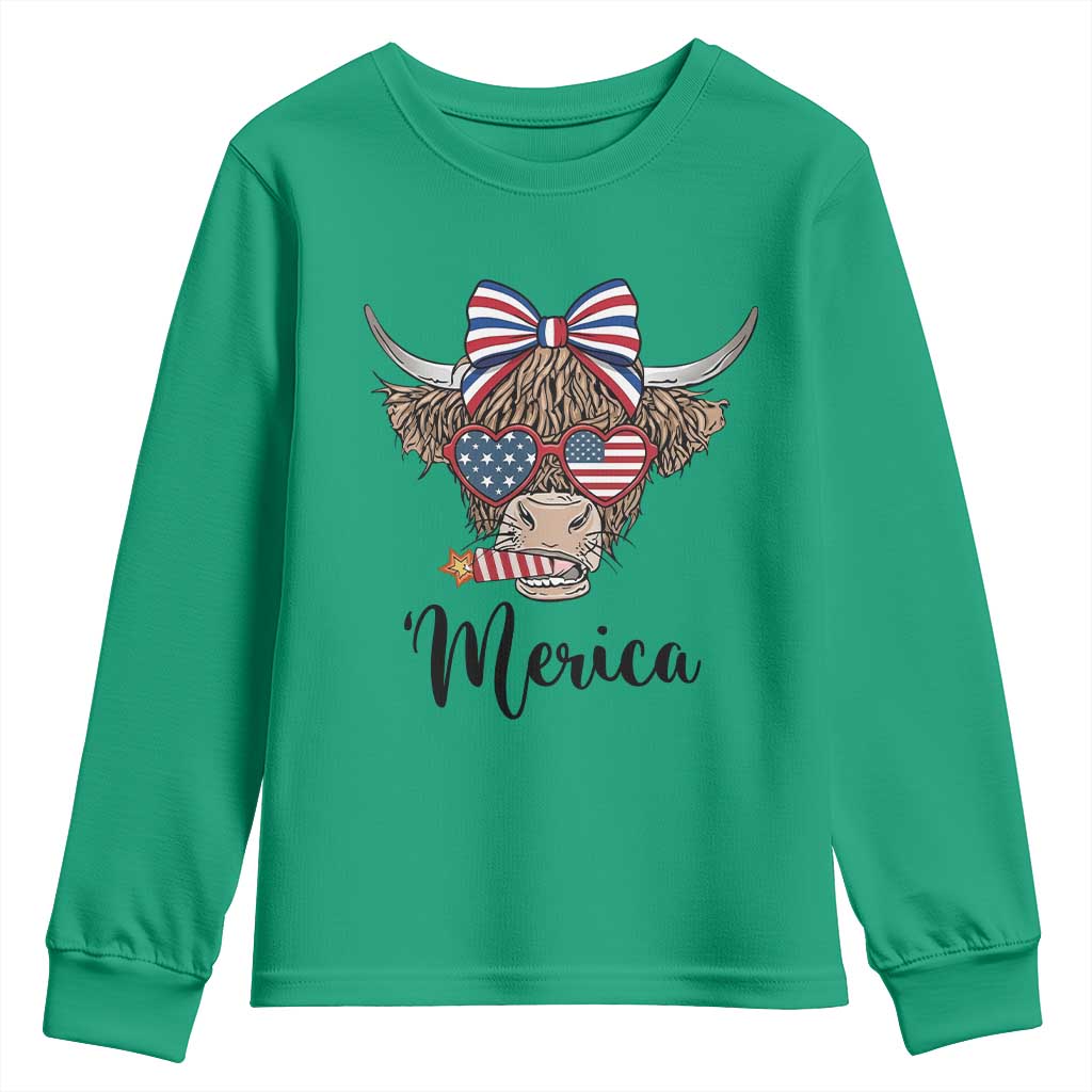 Patriotic Highland Cow Youth Sweatshirt Merica USA Flag Farmer Gift