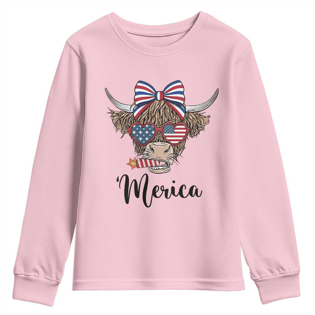 Patriotic Highland Cow Youth Sweatshirt Merica USA Flag Farmer Gift