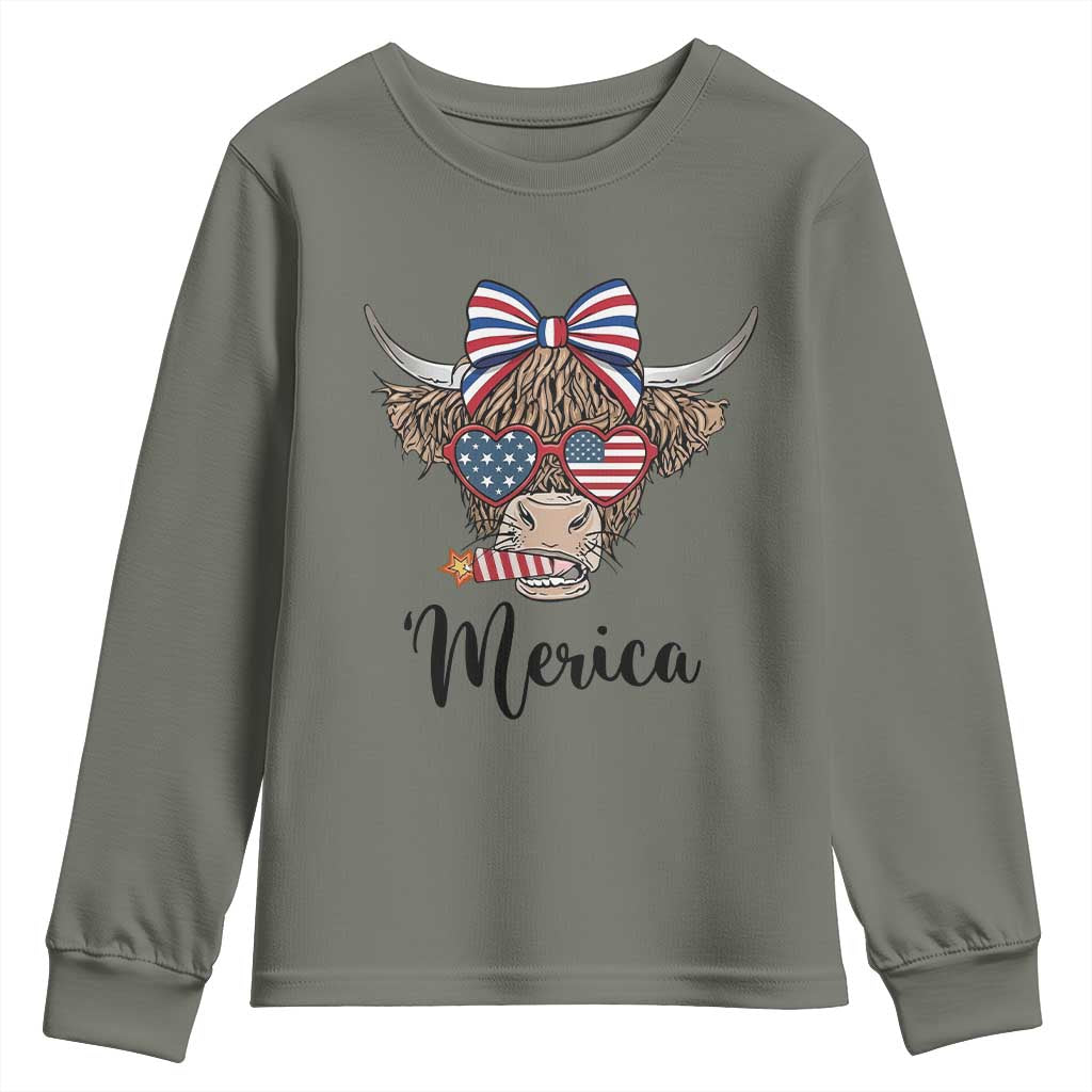Patriotic Highland Cow Youth Sweatshirt Merica USA Flag Farmer Gift
