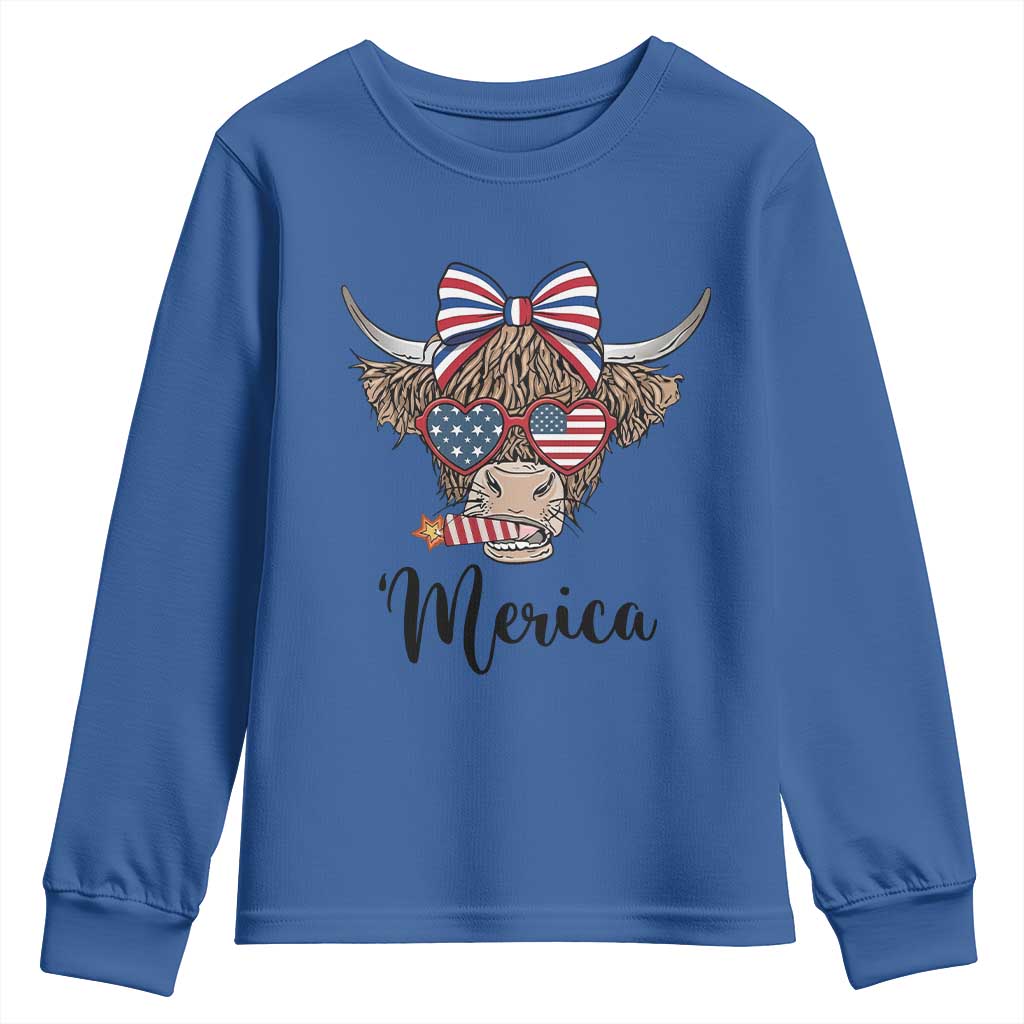 Patriotic Highland Cow Youth Sweatshirt Merica USA Flag Farmer Gift