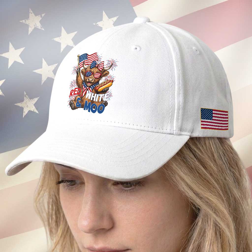 Striped Highland Cow 4th Of July Baseball Cap Red White And Moo