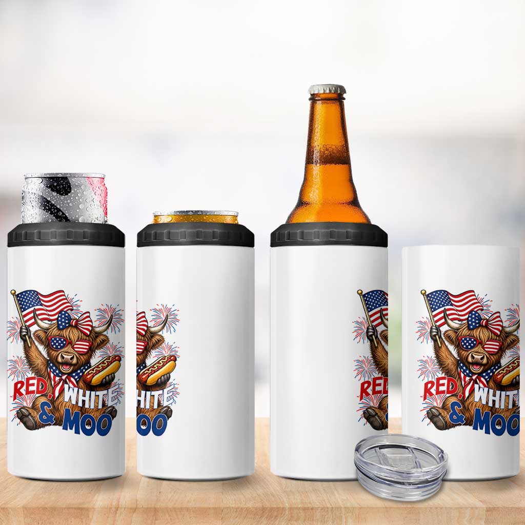 Striped Highland Cow 4th Of July 4 in 1 Can Cooler Tumbler Red White And Moo