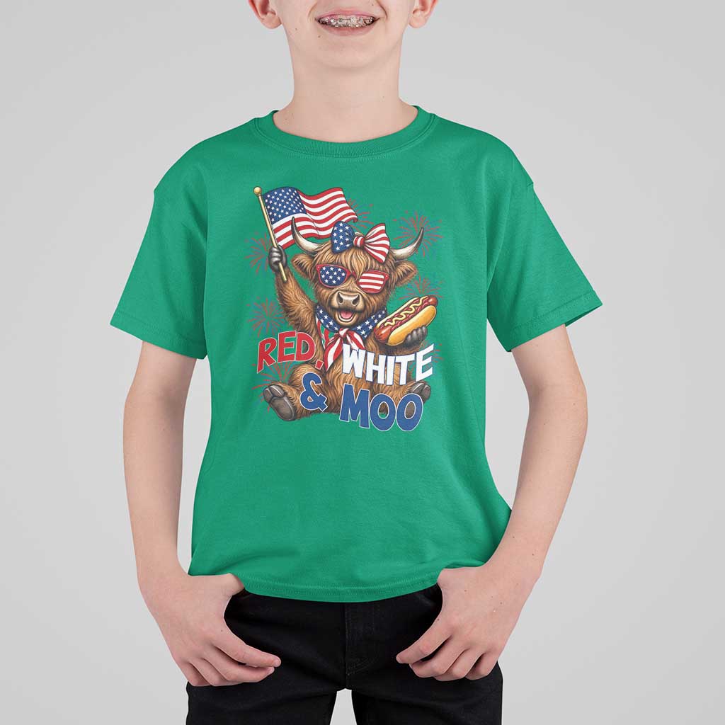 Striped Highland Cow 4th Of July T Shirt For Kid Red White And Moo