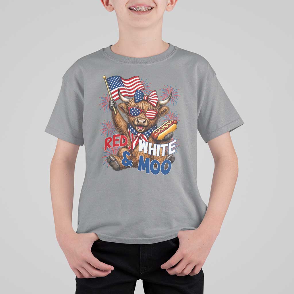 Striped Highland Cow 4th Of July T Shirt For Kid Red White And Moo