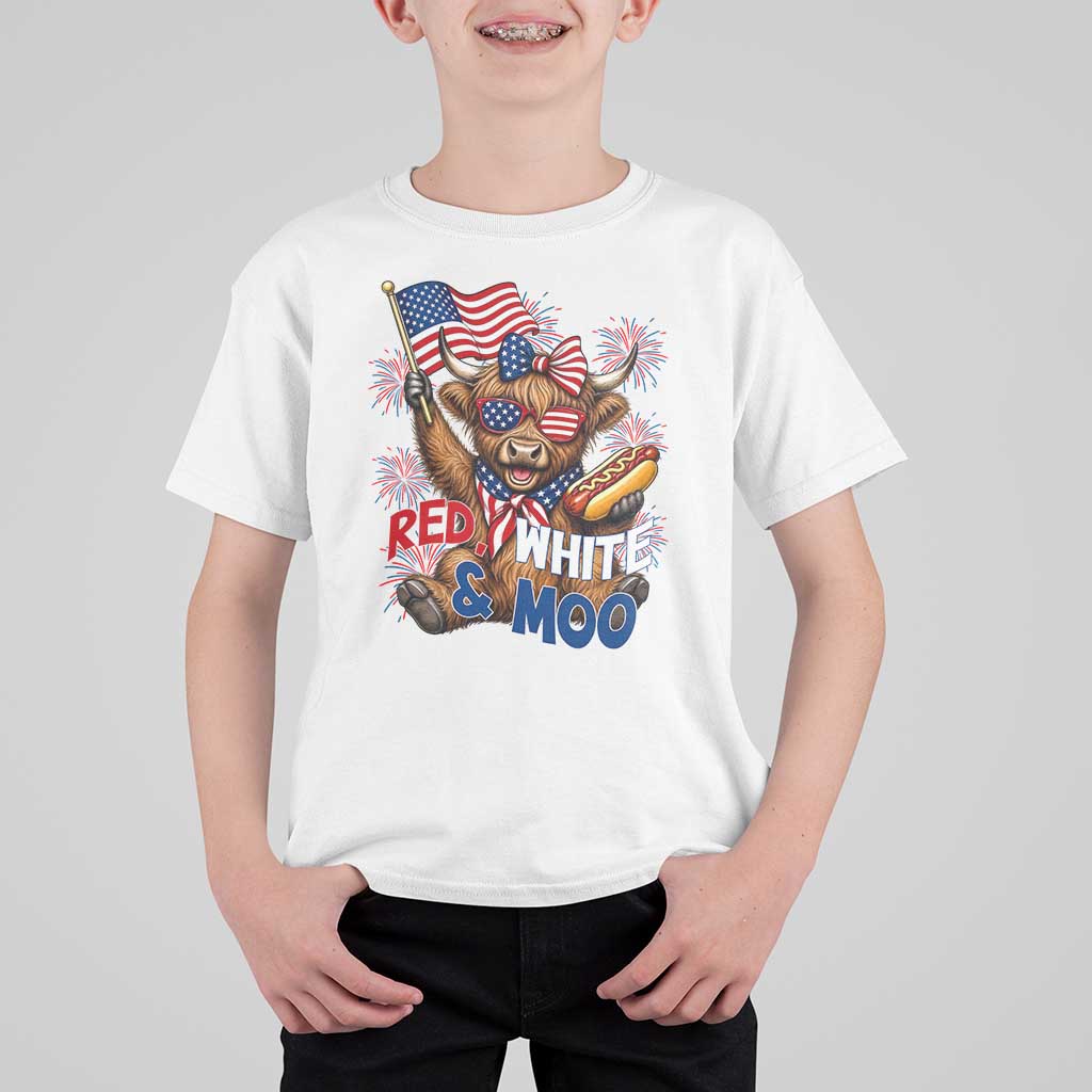 Striped Highland Cow 4th Of July T Shirt For Kid Red White And Moo