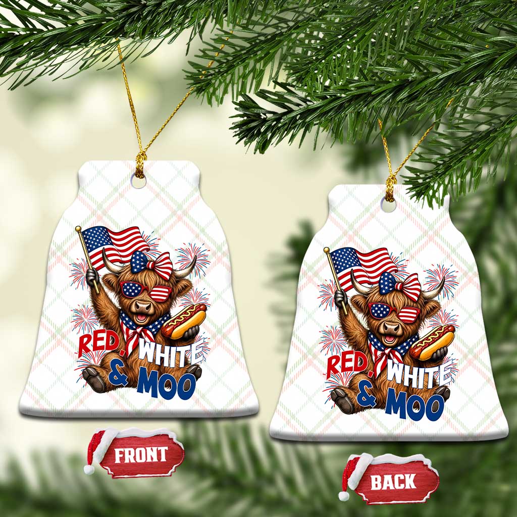 Striped Highland Cow 4th Of July Ceramic Ornament Red White And Moo