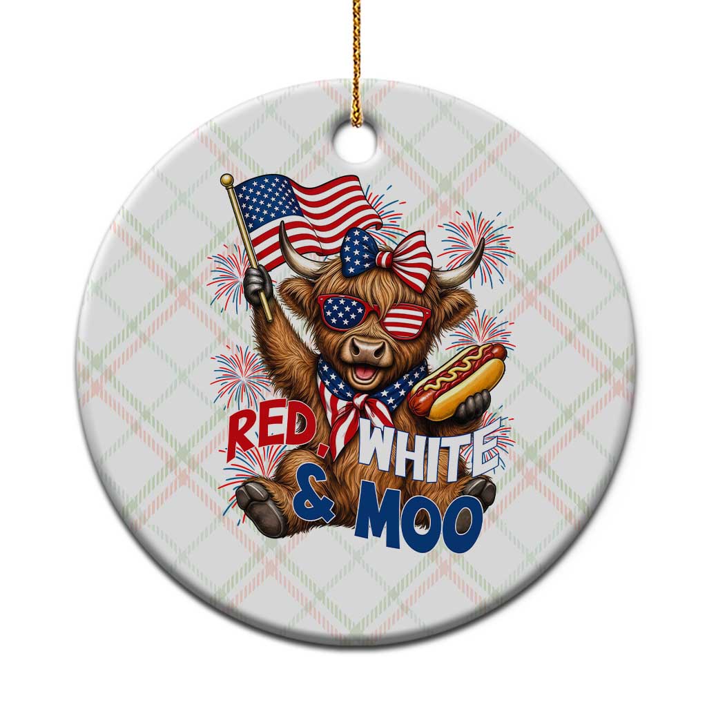 Striped Highland Cow 4th Of July Ceramic Ornament Red White And Moo