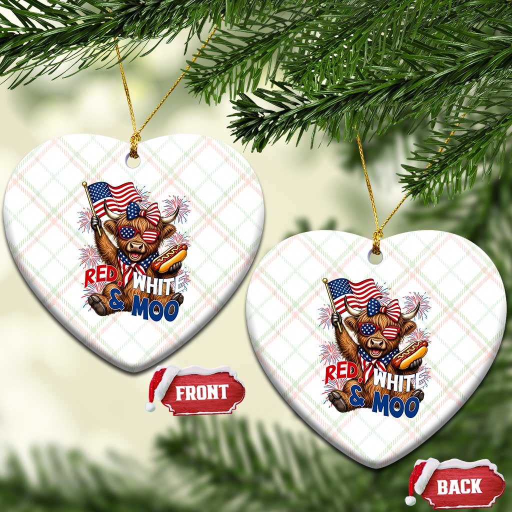 Striped Highland Cow 4th Of July Ceramic Ornament Red White And Moo
