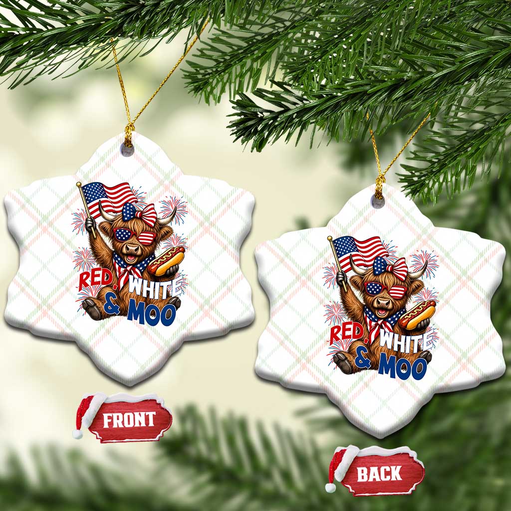Striped Highland Cow 4th Of July Ceramic Ornament Red White And Moo