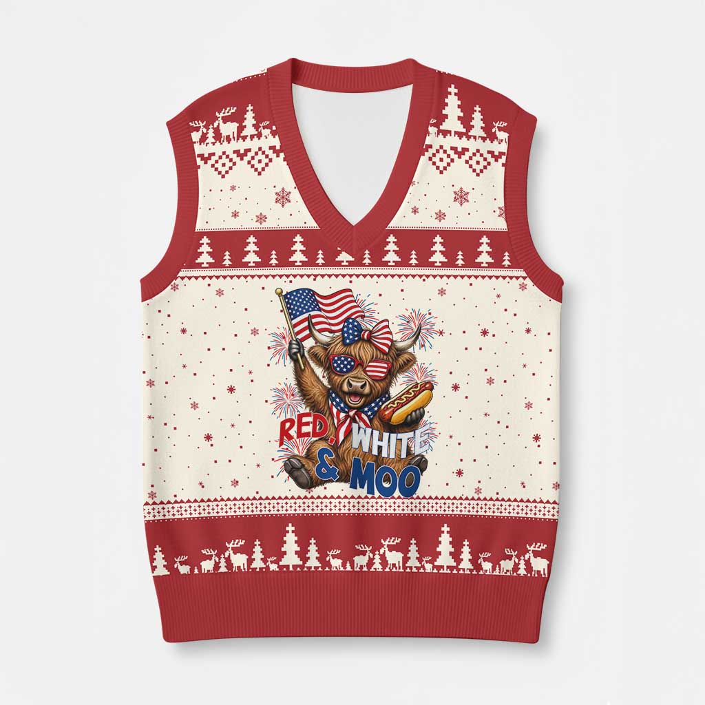 Striped Highland Cow 4th Of July V-Neck Knit Sweater Vest Red White And Moo
