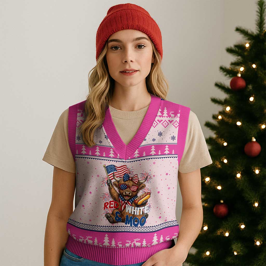 Striped Highland Cow 4th Of July V-Neck Knit Sweater Vest Red White And Moo