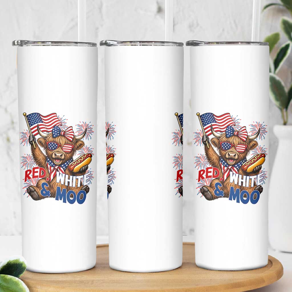 Striped Highland Cow 4th Of July Skinny Tumbler Red White And Moo