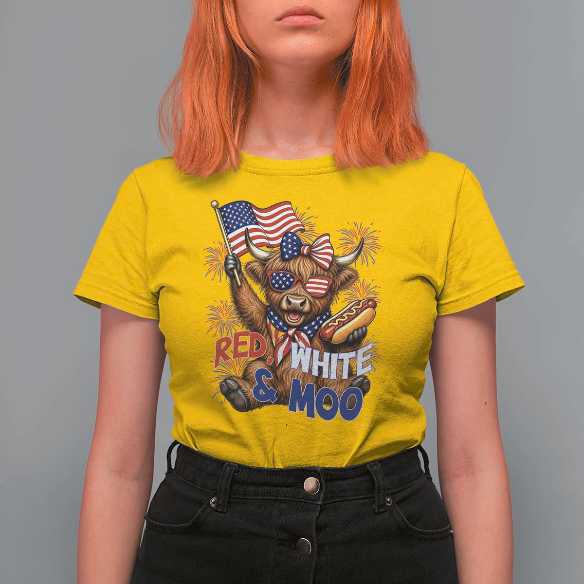 Striped Highland Cow 4th Of July T Shirt For Women Red White And Moo