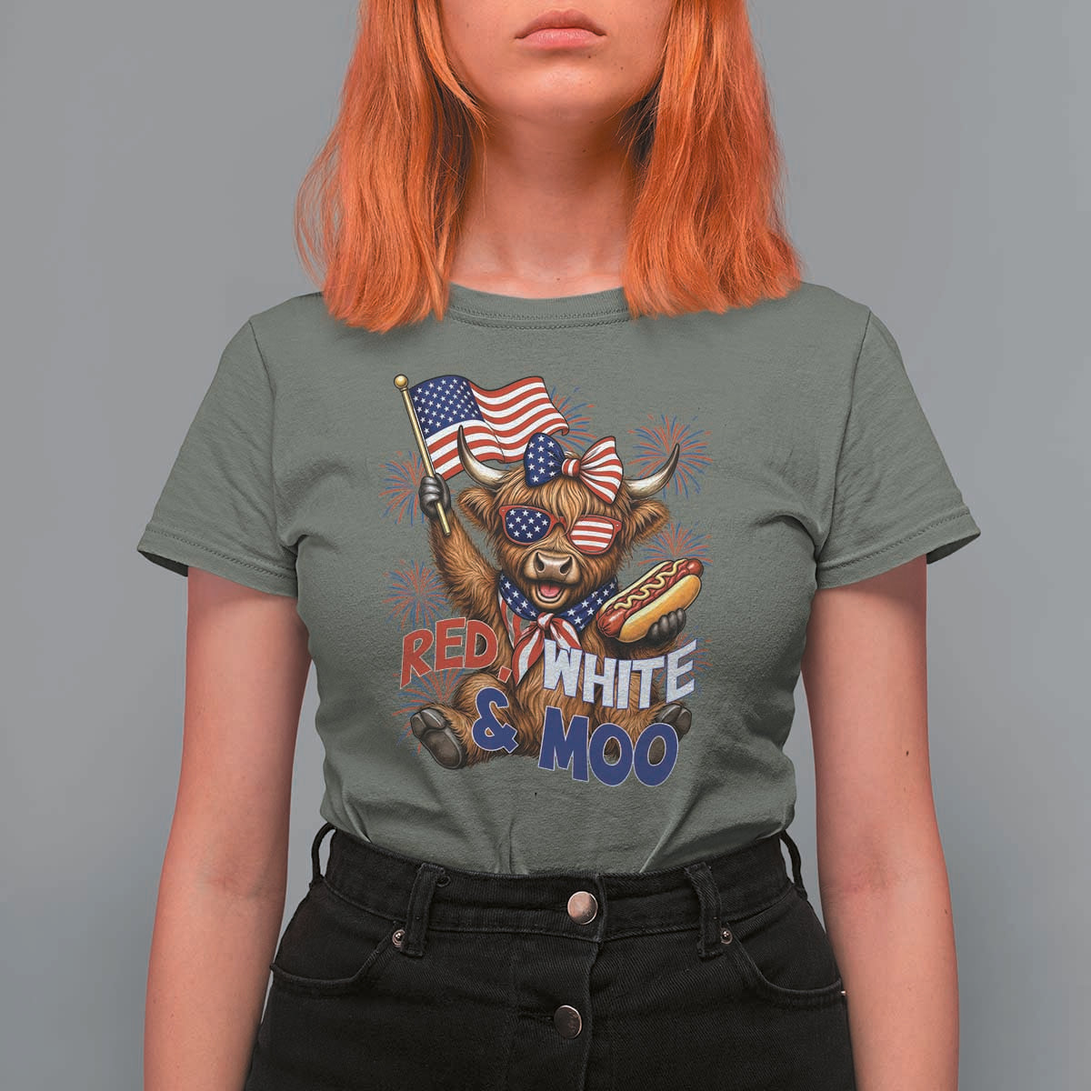 Striped Highland Cow 4th Of July T Shirt For Women Red White And Moo