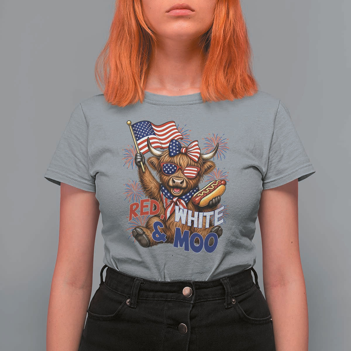 Striped Highland Cow 4th Of July T Shirt For Women Red White And Moo