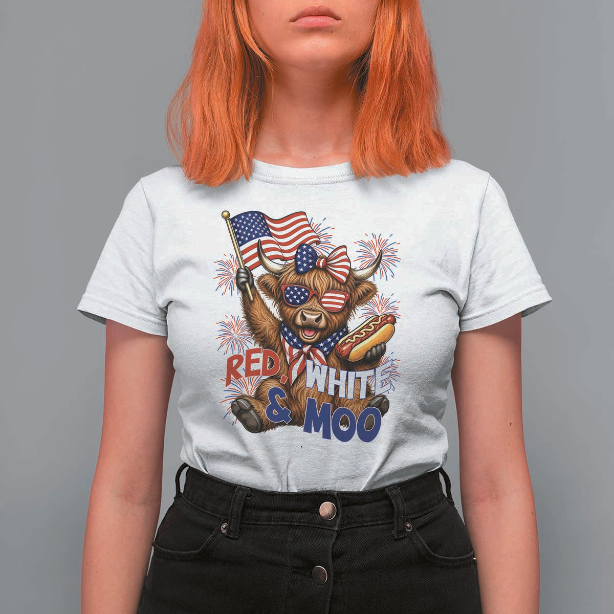 Striped Highland Cow 4th Of July T Shirt For Women Red White And Moo