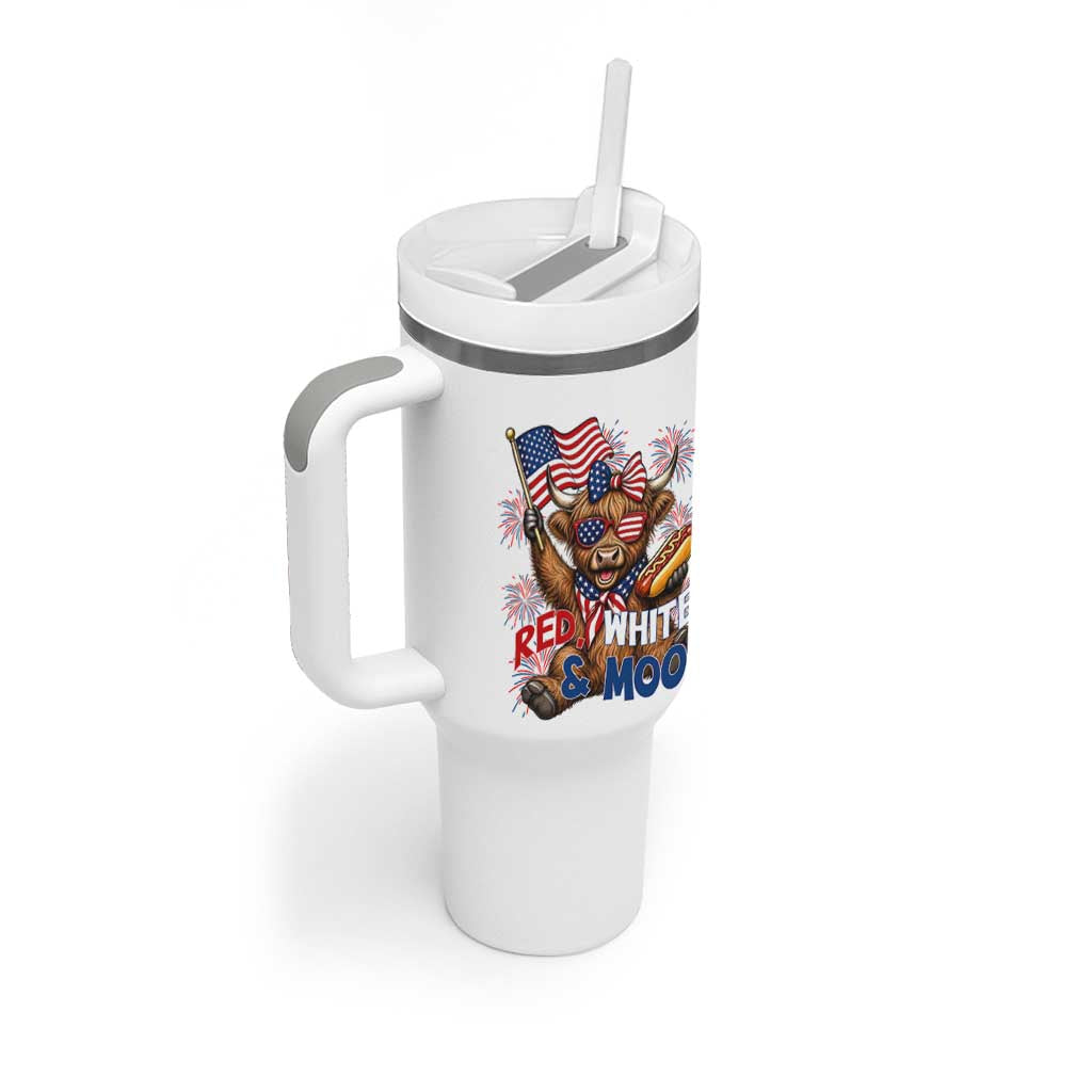 Striped Highland Cow 4th Of July Tumbler With Handle Red White And Moo