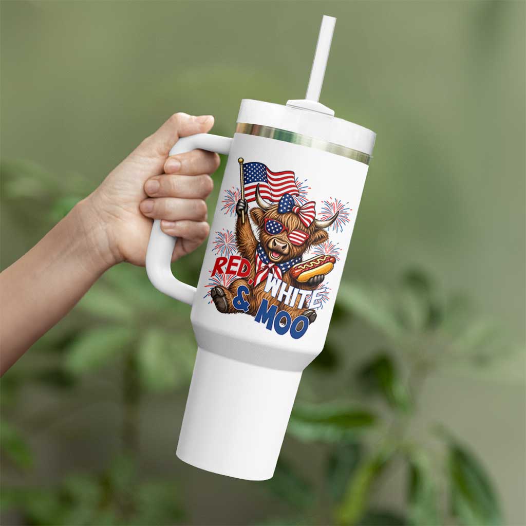 Striped Highland Cow 4th Of July Tumbler With Handle Red White And Moo
