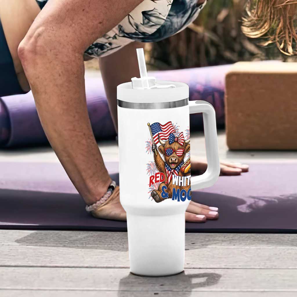 Striped Highland Cow 4th Of July Tumbler With Handle Red White And Moo