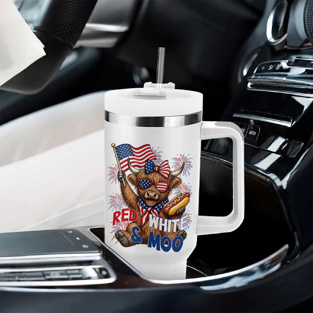 Striped Highland Cow 4th Of July Tumbler With Handle Red White And Moo