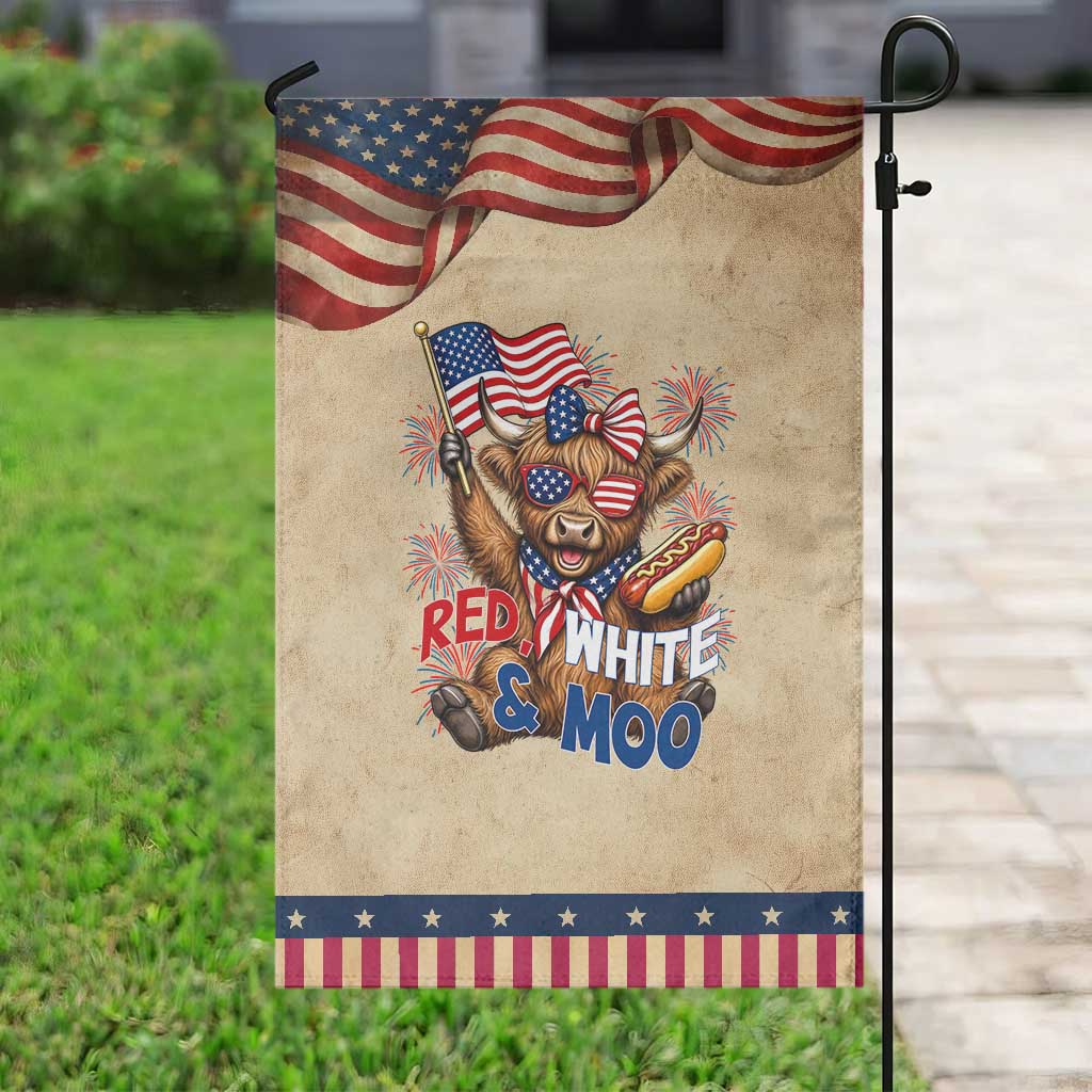 Striped Highland Cow 4th Of July Patriotic Garden Flag Red White And Moo