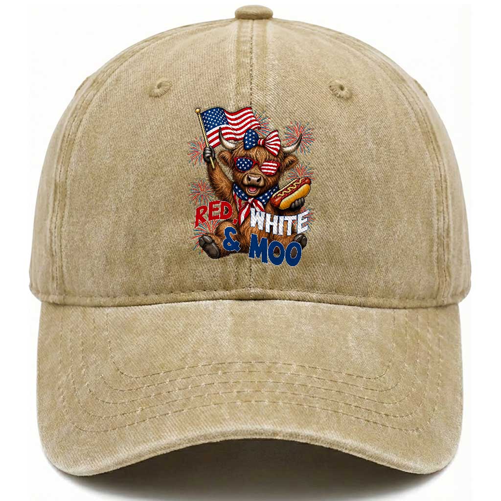 Striped Highland Cow 4th Of July Washed Cotton Baseball Cap Red White And Moo