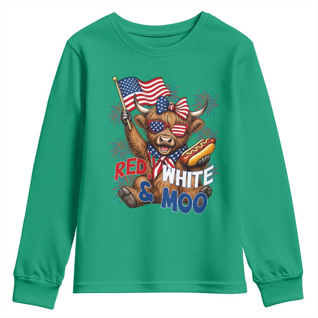 Striped Highland Cow 4th Of July Youth Sweatshirt Red White And Moo