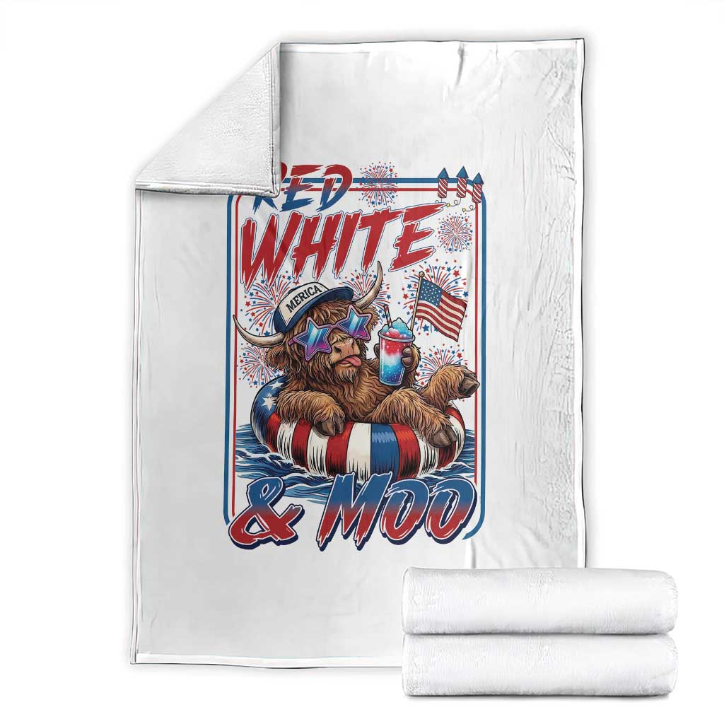 Funny Highland Cow Pool Party 4th Of July Throw Blanket Red White And Moo