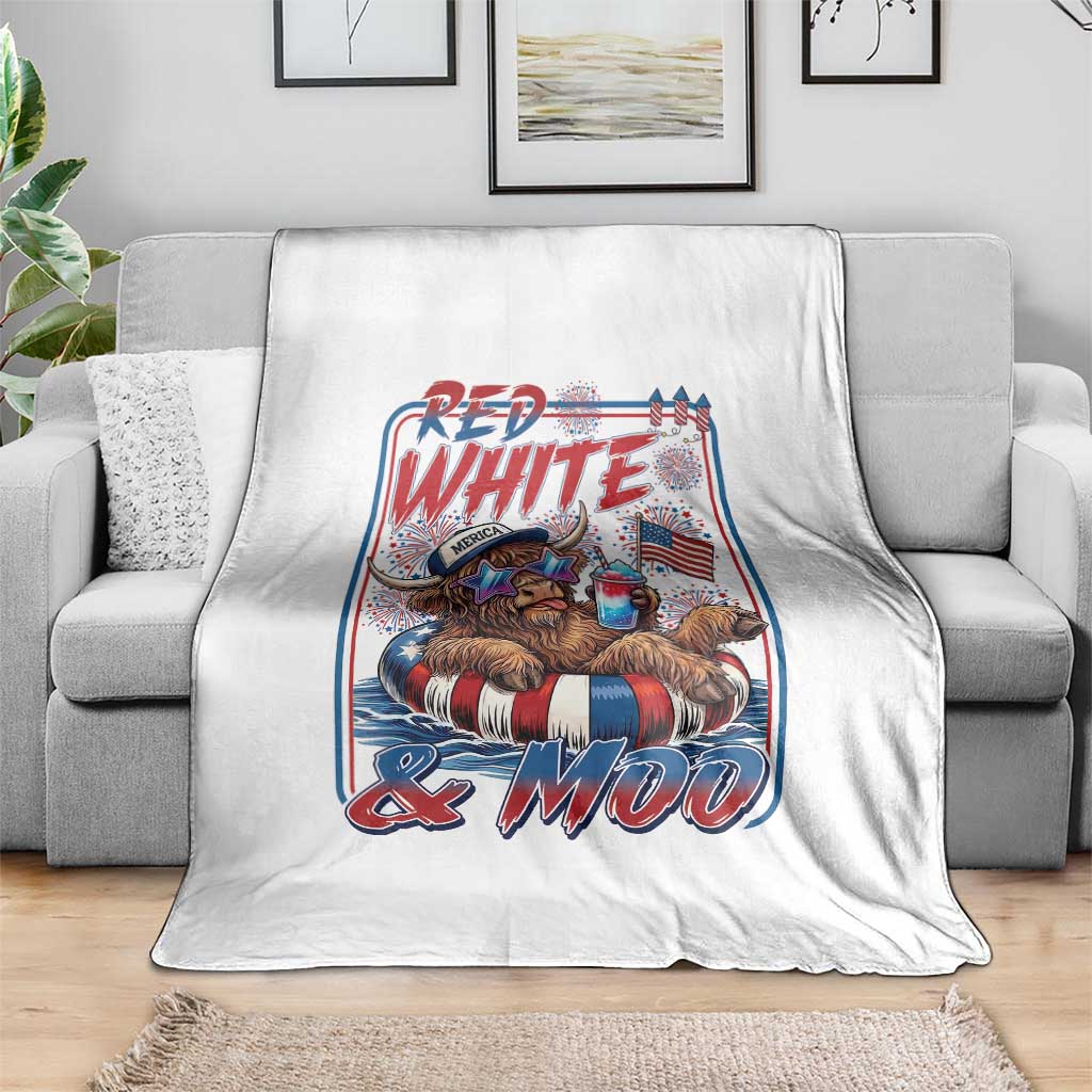 Funny Highland Cow Pool Party 4th Of July Throw Blanket Red White And Moo