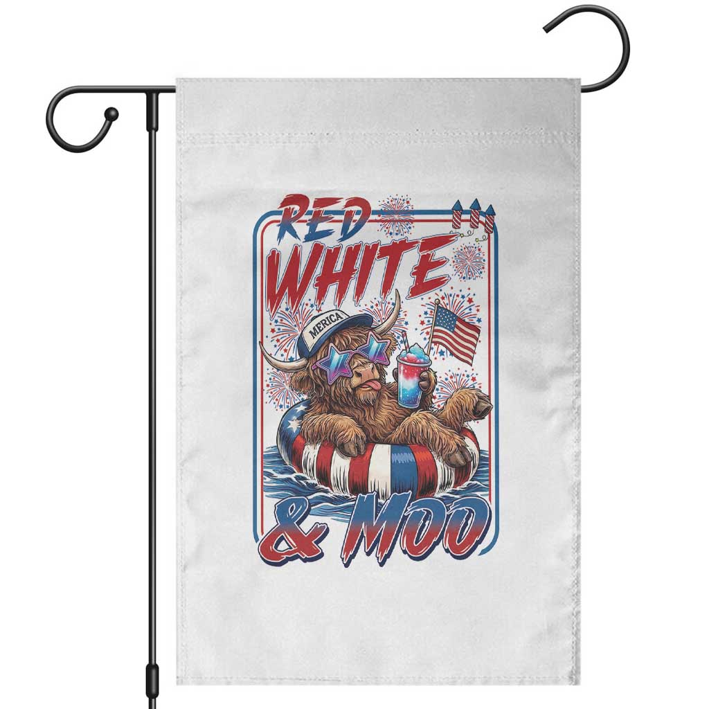 Funny Highland Cow Pool Party 4th Of July Garden Flag Red White And Moo